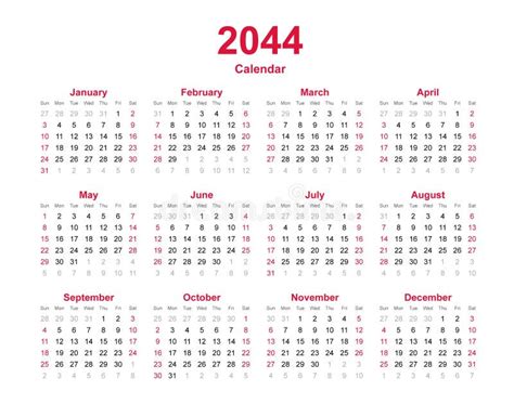 2044|Calendar for Year 2044 (United States)